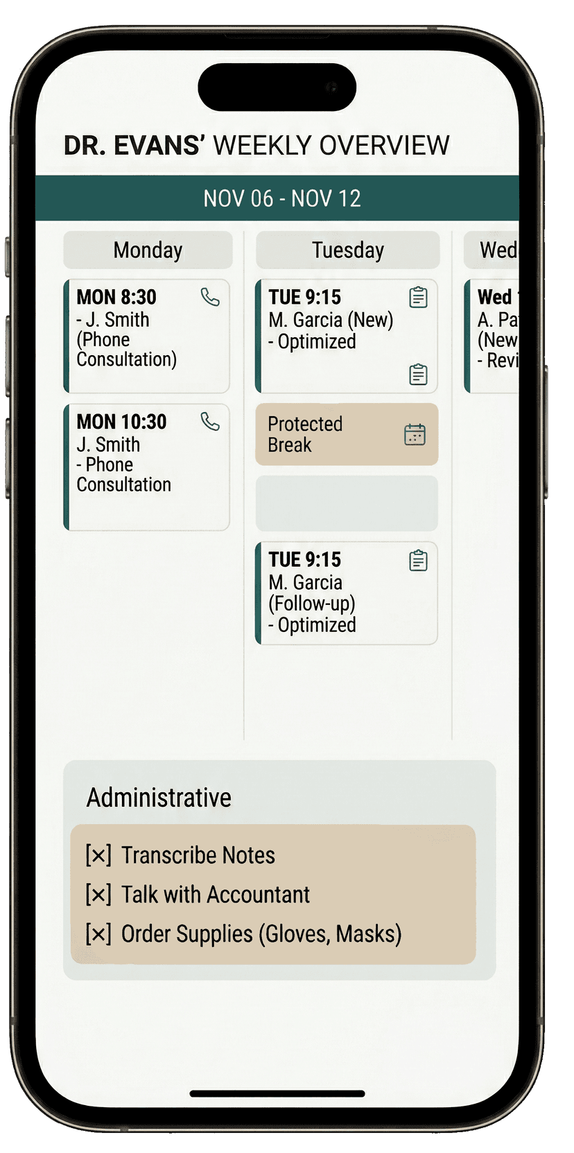 Dr. Evans' Weekly Overview — Angy schedule management interface