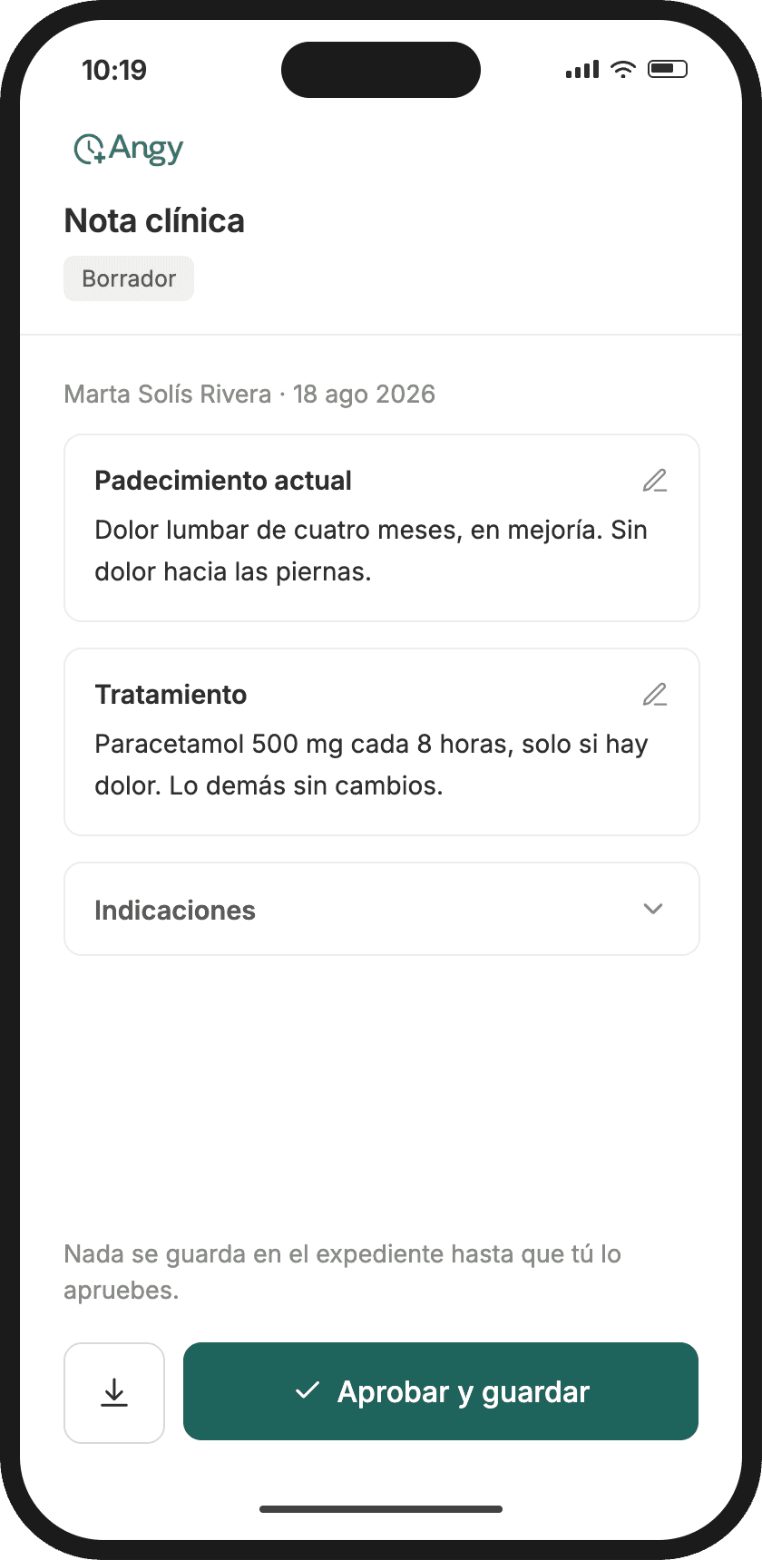 Borrador de nota clínica en Angy, listo para aprobar